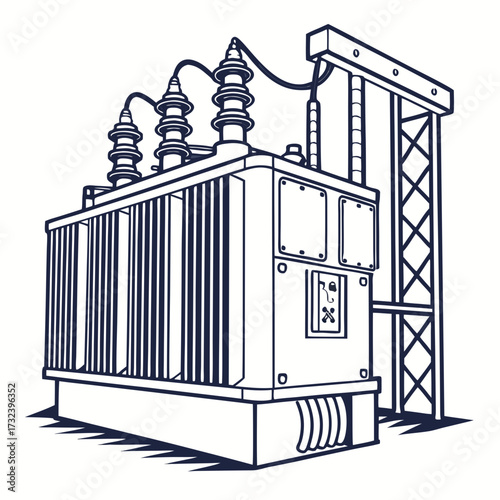 Stylized line art illustration of a large electrical power transformer with insulators and support structure