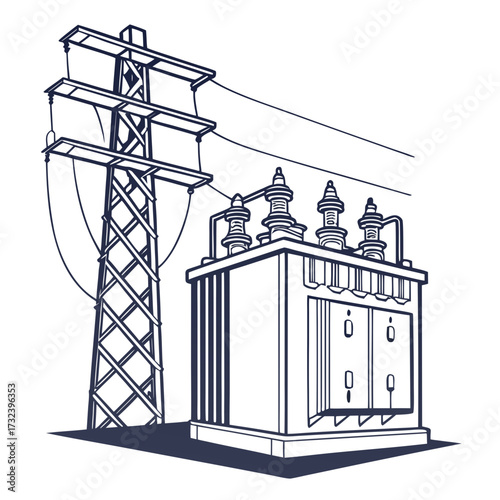 Stylized line art illustration of an electrical power transformer and transmission tower with wires against a white background