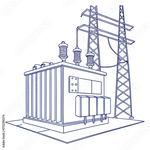 Stylized line art illustration of an electrical power transformer connected to a transmission tower and power lines