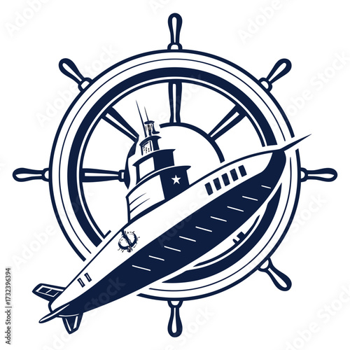 Stylized navy blue submarine and ship s wheel emblem on a white background representing naval power and maritime exploration