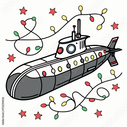 Whimsical cartoon submarine decorated with festive christmas lights and red stars on a white background