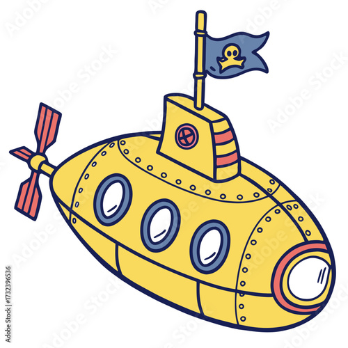 Whimsical cartoon yellow submarine with a pirate flag flying proudly from its conning tower on a white background