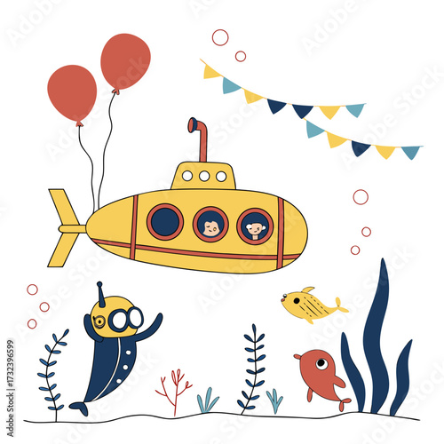Whimsical yellow submarine with children inside sails underwater with playful sea creatures and festive decorations
