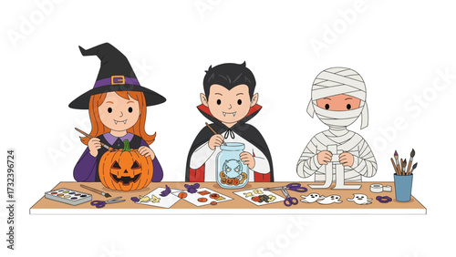 Halloween Crafting Adventure: A group of costumed children immerse themselves in the spirit of Halloween through creative crafting activities, expressing their spooky artistic sides.