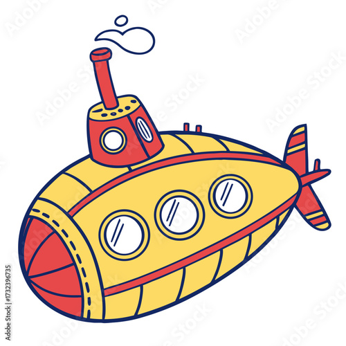 Cute cartoon yellow and red submarine with windows and smoke coming out of the chimney on a white background