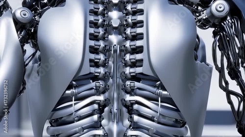Close up of a futuristic robotic torso with exposed spine and mechanical details.
