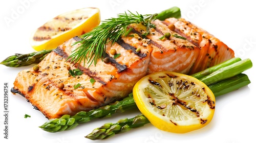 Grilled salmon fillet with lemon and asparagus is isolated on a white background for menus.
