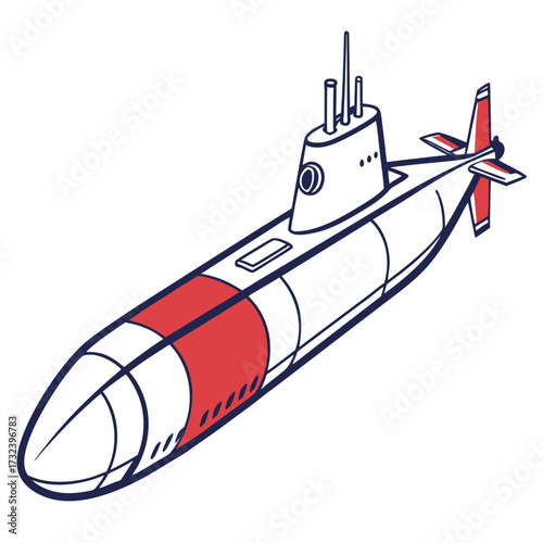 Modern military submarine with red accents on the hull and tail fin depicted in a clean isometric illustration style