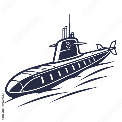 Stylized dark blue silhouette of a modern military submarine sailing through choppy water on a white background