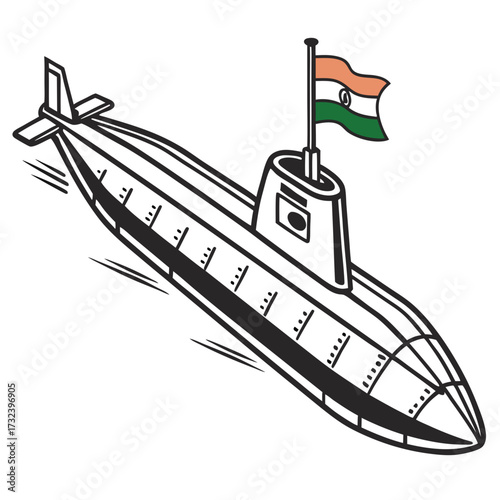 Stylized illustration of a black and white submarine with the indian flag waving proudly from its mast