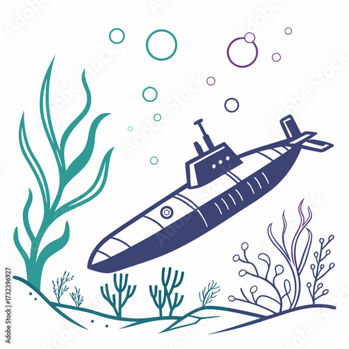 Stylized illustration of a dark blue submarine submerged underwater with colorful seaweed and rising bubbles against a white background