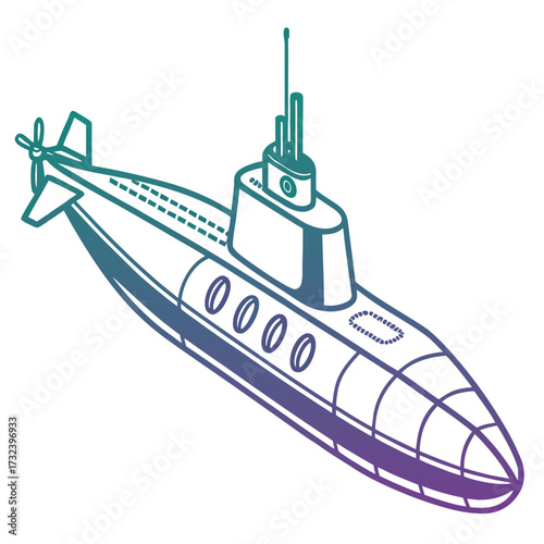 Stylized illustration of a modern submarine with a gradient of blue and purple colors on a white background