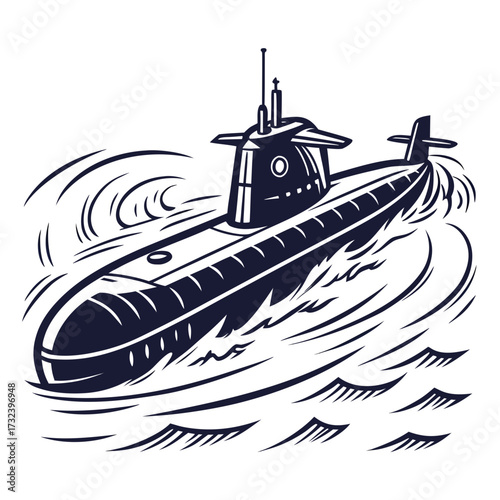 Stylized illustration of a dark blue submarine navigating through stylized choppy ocean waves in a graphic art style