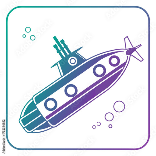 Stylized illustration of a modern submarine with a gradient of teal and purple colors descending underwater with bubbles