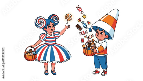 Halloween Treat Exchange: Two children dressed in festive costumes, one a candy-themed girl with swirl-bun hair and the other a boy wearing a large candy corn hat.