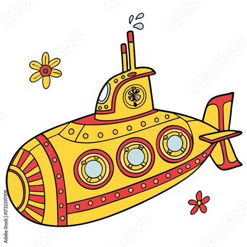 Whimsical yellow submarine with red accents and circular windows floats near colorful flowers