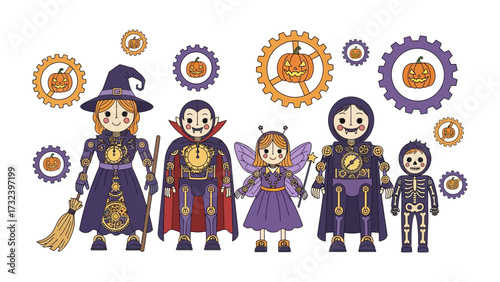 Steampunk Halloween Family in Costume: Whimsical illustration of a family embracing the festive spirit of Halloween with steampunk-inspired costumes.