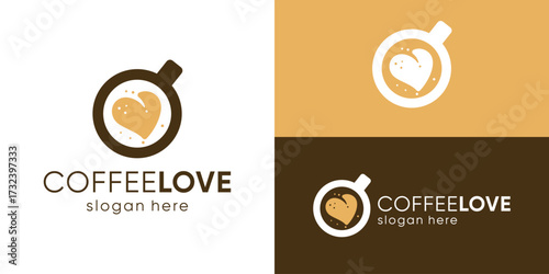 Creative simple coffee love logo template. Coffee cup with abstract love shape logo design vector illustration.