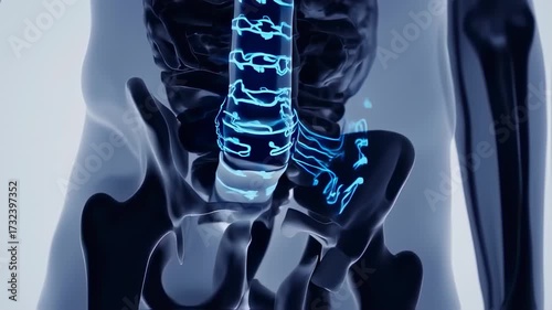 Close up of glowing blue human spine and pelvis anatomy.