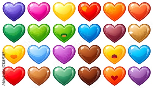 Colorful hearts in various shades and expressions