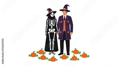 Halloween Couple with Pumpkins: A woman in a skeleton costume and a man in a witch costume stand among a patch of pumpkins, ready for Halloween festivities.