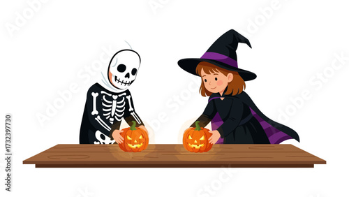 Spooky Halloween Carving: Two kids dressed in Halloween costumes carved pumpkins for Halloween. A skeleton and witch bring holiday cheer and creativity, full of fun and magic