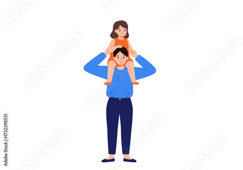 A man carrying a child on his shoulders stands facing forward