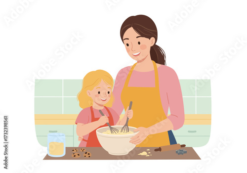 A mother  daughter are baking together in a kitchen mixing ingredients in a bowl