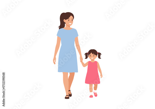 A mother and daughter are walking handinhand