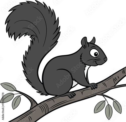 A cute cartoon illustration of a dark gray squirrel with a fluffy tail sitting on a tree branch with green leaves against a black background