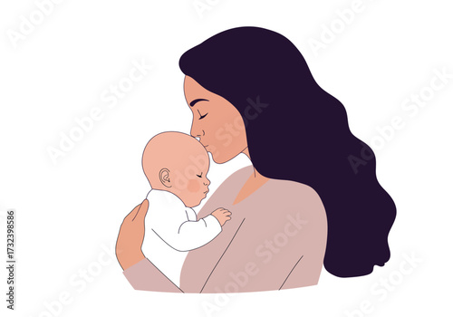 A mother holds a baby kissing the forehead of the infant with her eyes closed