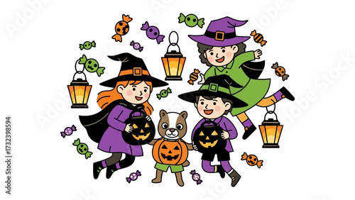 Halloween Fun with Costumed Kids: A group of adorable children dressed as witches, complete with pointy hats and trick-or-treat bags.