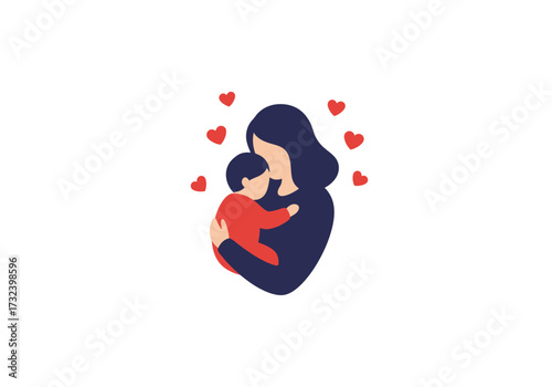 A mother holds a child surrounded by red hearts in an illustration