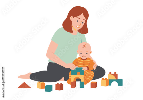 A woman and a baby sit on the floor surrounded by colorful toy blocks playing together