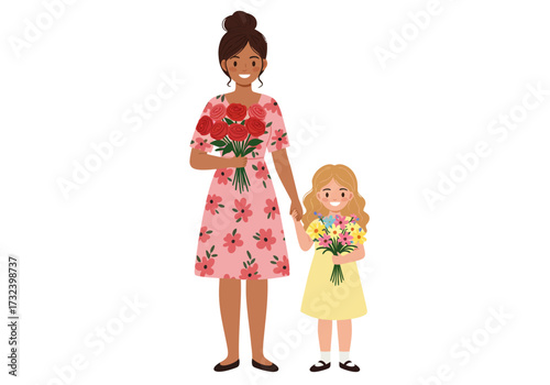 A woman and a child holding flowers standing together