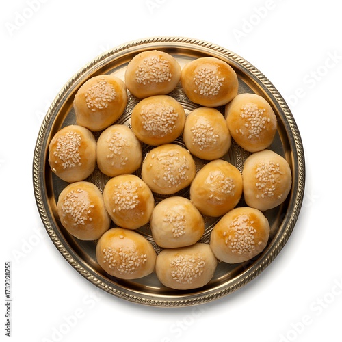 An appetizing platter of freshly baked, golden-brown chebakia pastries arranged in a neat circular pattern, a traditional sweet dessert isolated on a white background.