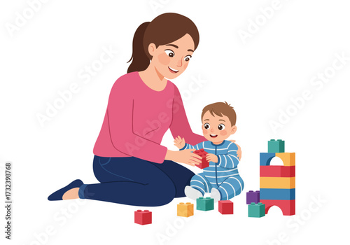 A woman and baby play with building blocks