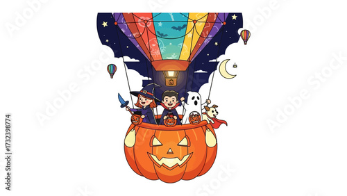 Halloween Festive Flight: Adorable children dressed in vibrant Halloween costumes soar through the night sky in a whimsically designed hot air balloon crafted as a pumpkin.