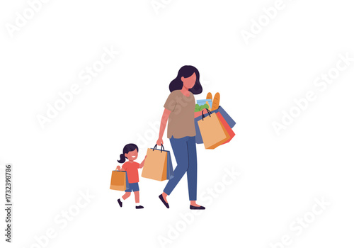 A woman and child carrying shopping bags indicating a shopping trip
