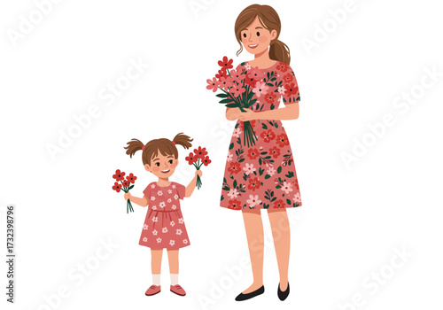 A woman and child hold flower bouquets both wear matching floral dresses