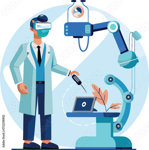 Scientist Using VR Glasses for Virtual Reality Science Experiment and Robotics Research