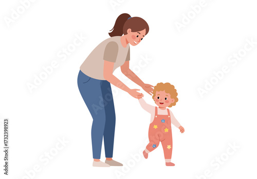 A woman helping a toddler take their first steps