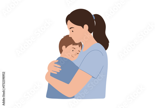 A woman embraces a young boy They are both wearing casual blue shirts