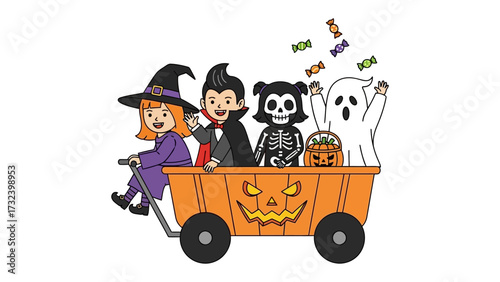 Halloween Fun: A playful illustration depicting children dressed up in Halloween costumes, riding in a pumpkin cart and gathering candies, full of delight.