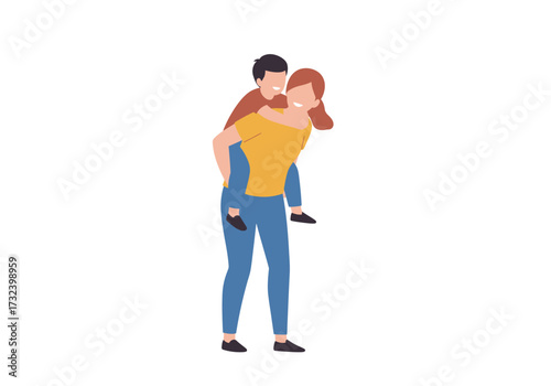 A woman gives a child a piggyback ride both smiling