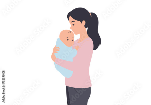 A woman in a pink top holds a baby swaddled in a light blue blanket