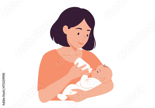 A woman in an orange shirt bottlefeeds a baby in a white onesie