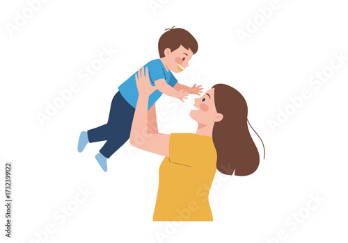 A woman in a yellow shirt holds up a toddler in a blue shirt