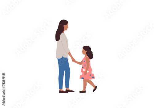 A woman in jeans holds the hand of a child in a pink floral dress