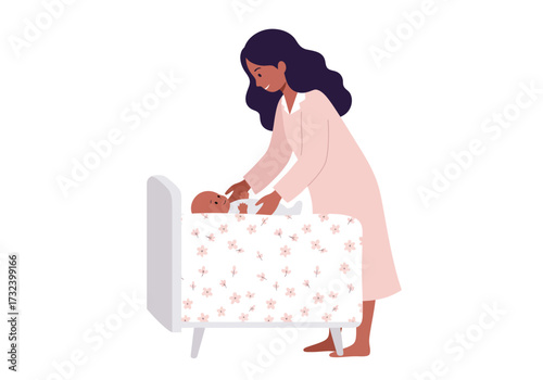 A woman is looking over a baby in a crib
